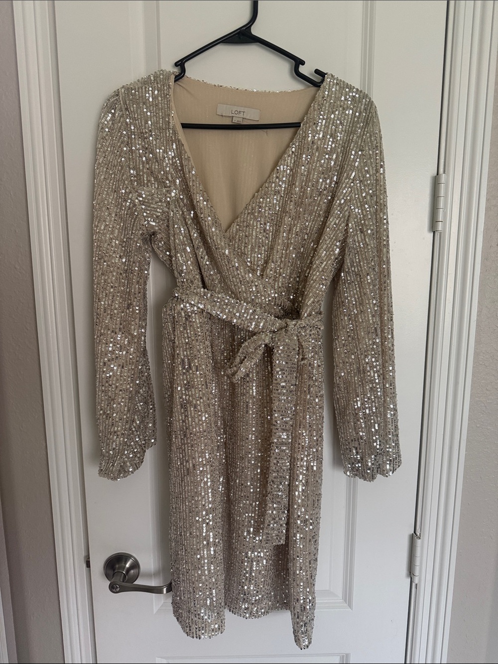 LOFT Champagne Sequin Wrap Dress with Tie Waist